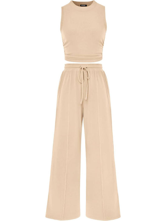 Limited time sale🔥Women Sleeveless Cropped Top Elastic Waist Wide Leg Pants 2 Piece Set