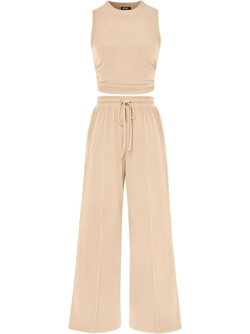 Women Crew Neck Sleeveless Cropped Top Elastic Waist Wide Leg Pants 2 Piece Set