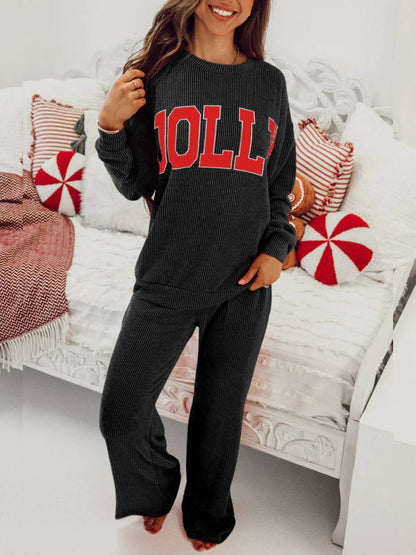 Limited time sale🔥Womens JOLLY Graphic Christmas Ribbed Long Sleeve Top & Pants 2 Piece Set