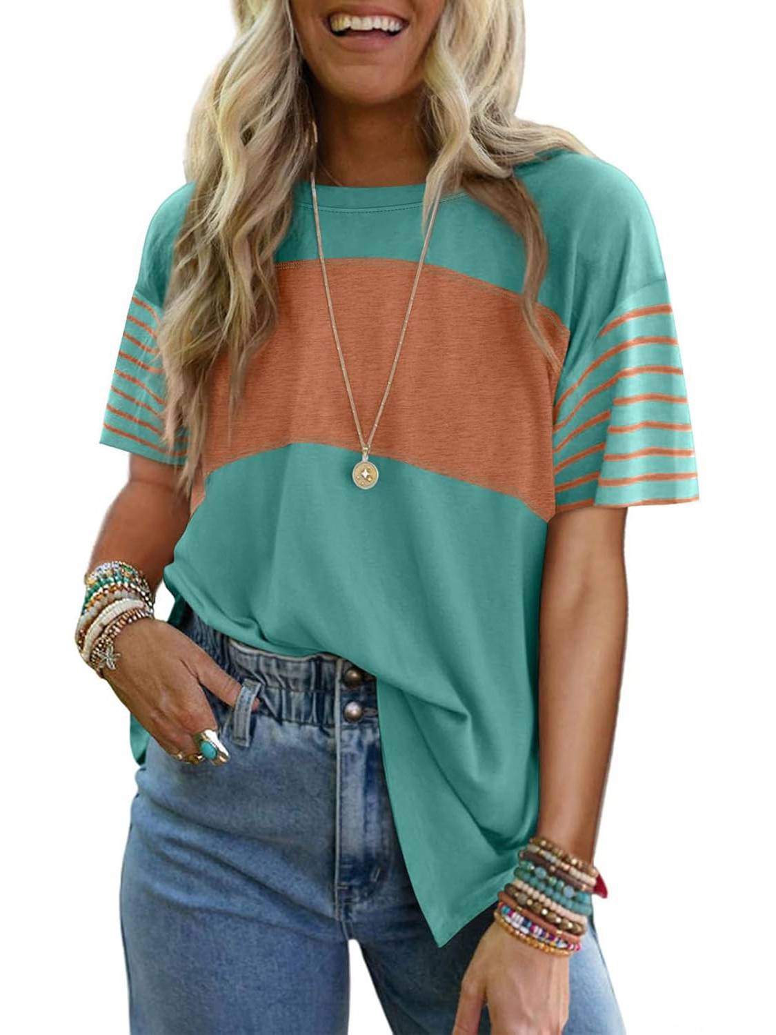 Limited time sale🔥Womens Oversized Color Block Striped Shirts Top