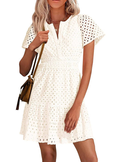 Limited time sale🔥Women's V Neck Short Sleeve A Line Hollow Out Lace Dress