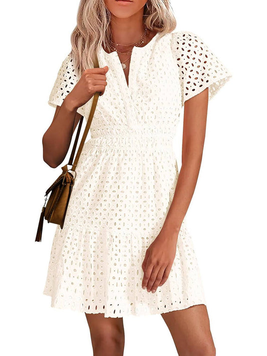 Limited time sale🔥Women's V Neck Short Sleeve A Line Hollow Out Lace Dress