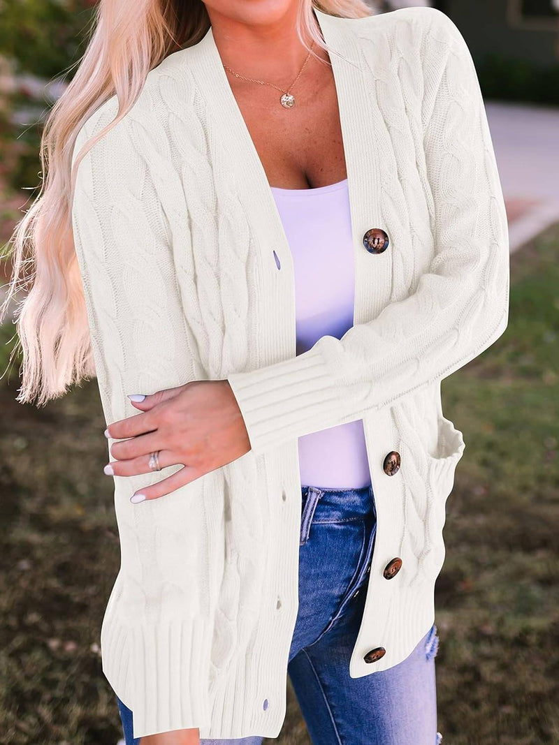 Women's Fall Casual Long Sleeve Button Down Open Front Cable Knit Cardigan