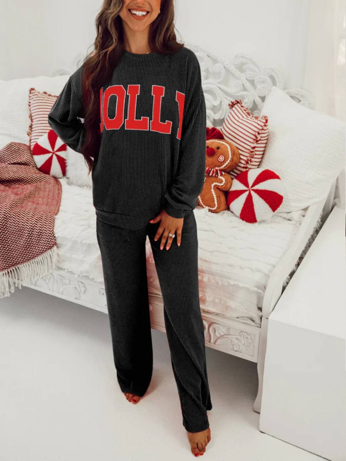 Limited time sale🔥Womens JOLLY Graphic Christmas Ribbed Long Sleeve Top & Pants 2 Piece Set