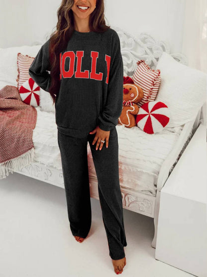 Limited time sale🔥Womens JOLLY Graphic Christmas Ribbed Long Sleeve Top & Pants 2 Piece Set