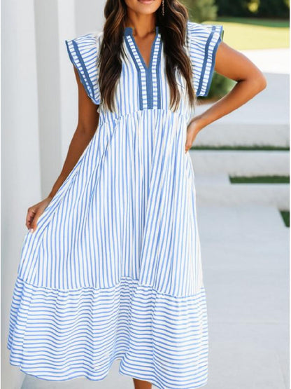 Limited time sale🔥Women's V-Neck Ruffle Striped Beach Midi Maxi Dress with Pockets