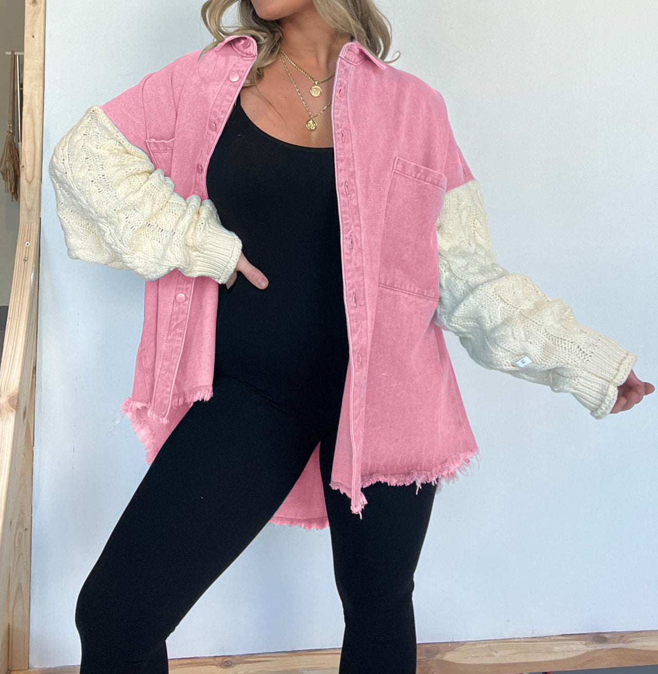 Cozy Sweater Sleeve Denim Shacket (Buy 2 Free Shipping)