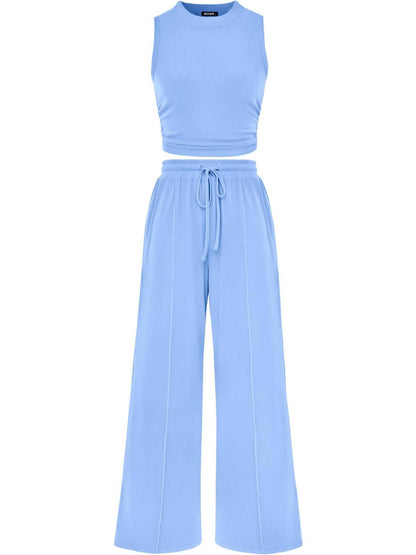 Limited time sale🔥Women Sleeveless Cropped Top Elastic Waist Wide Leg Pants 2 Piece Set