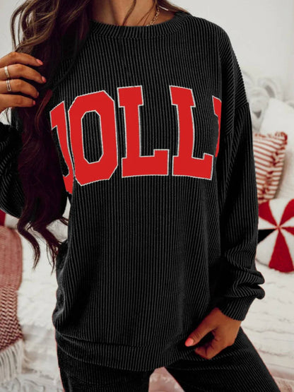 Limited time sale🔥Womens JOLLY Graphic Christmas Ribbed Long Sleeve Top & Pants 2 Piece Set