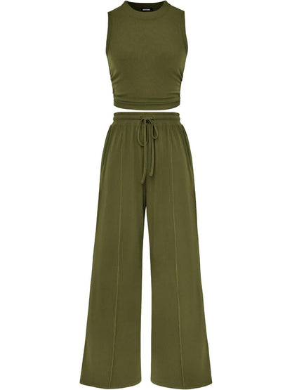 Limited time sale🔥Women Sleeveless Cropped Top Elastic Waist Wide Leg Pants 2 Piece Set