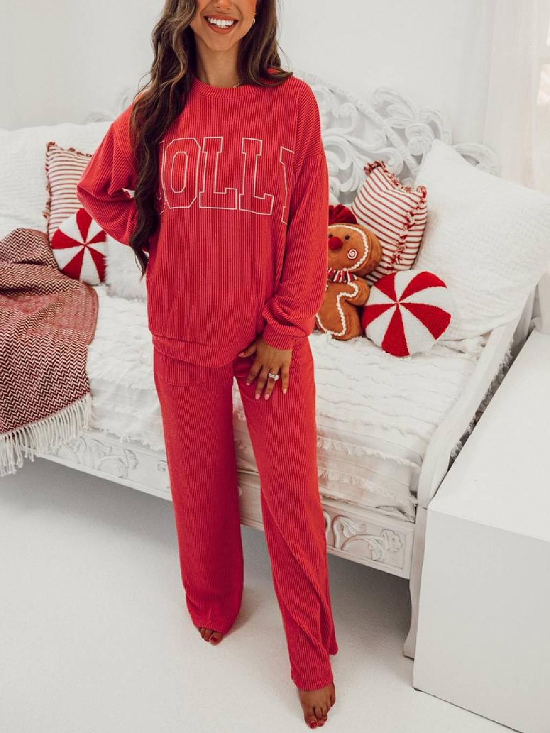 Limited time sale🔥Womens JOLLY Graphic Christmas Ribbed Long Sleeve Top & Pants 2 Piece Set