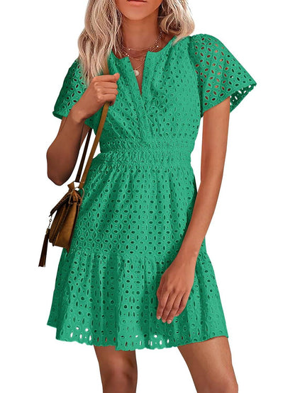 Limited time sale🔥Women's V Neck Short Sleeve A Line Hollow Out Lace Dress