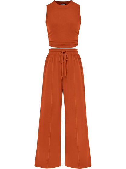 Limited time sale🔥Women Sleeveless Cropped Top Elastic Waist Wide Leg Pants 2 Piece Set