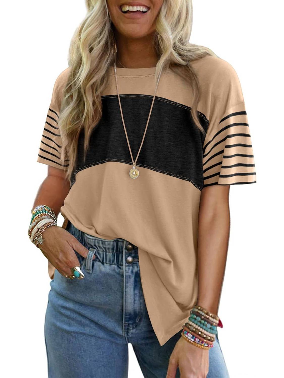 Limited time sale🔥Womens Oversized Color Block Striped Shirts Top
