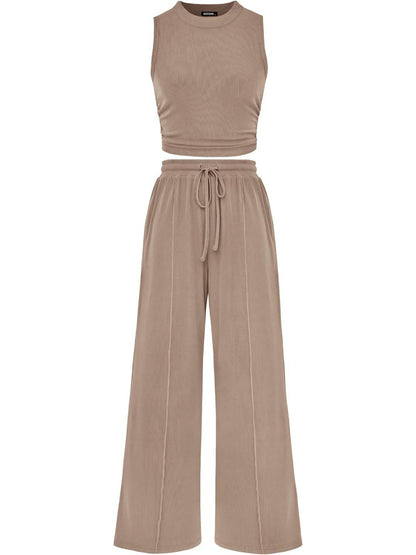 Limited time sale🔥Women Sleeveless Cropped Top Elastic Waist Wide Leg Pants 2 Piece Set