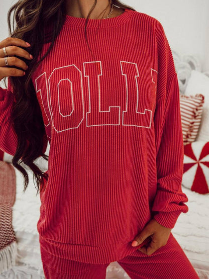 Limited time sale🔥Womens JOLLY Graphic Christmas Ribbed Long Sleeve Top & Pants 2 Piece Set
