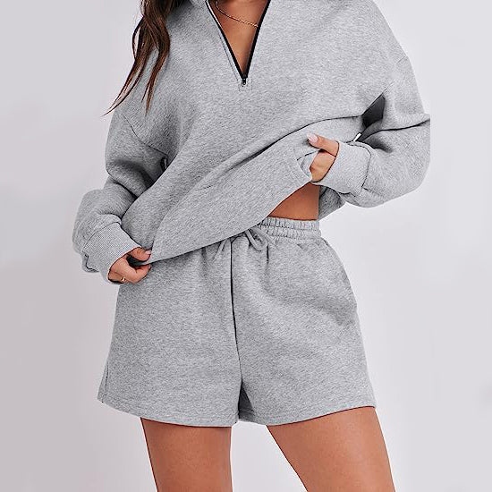 Oversized Half Zip Collared Sweatshirt & Short Set Lounge Wear Tracksuit Set
