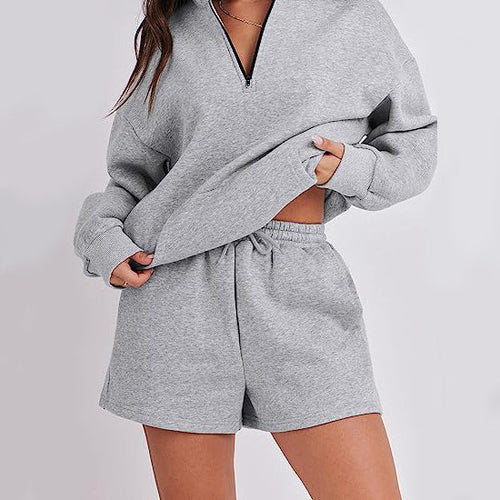 Oversized Half Zip Collared Sweatshirt & Short Set Lounge Wear Tracksuit Set