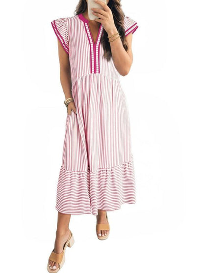 Limited time sale🔥Women's V-Neck Ruffle Striped Beach Midi Maxi Dress with Pockets