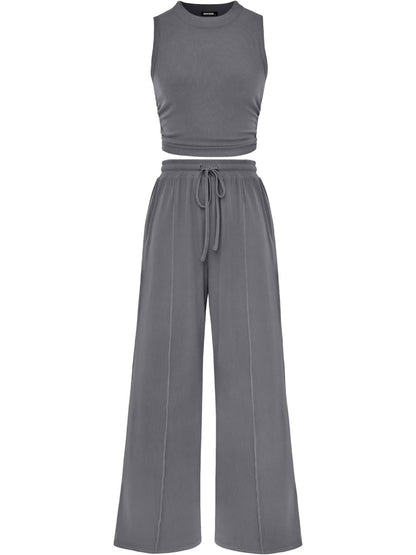 Limited time sale🔥Women Sleeveless Cropped Top Elastic Waist Wide Leg Pants 2 Piece Set