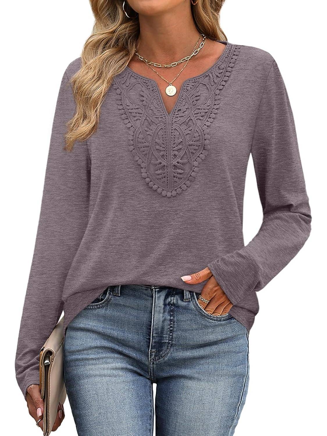 ✨Women Dressy Casual Lace V Neck Long Sleeve Shirts Blouses