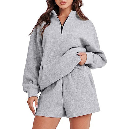 Oversized Half Zip Collared Sweatshirt & Short Set Lounge Wear Tracksuit Set