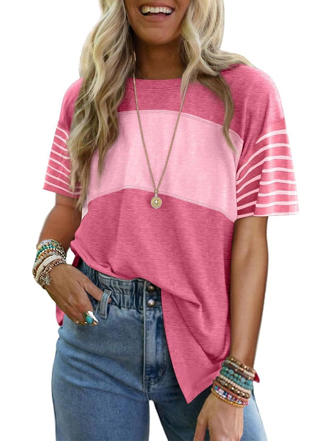 Limited time sale🔥Womens Oversized Color Block Striped Shirts Top
