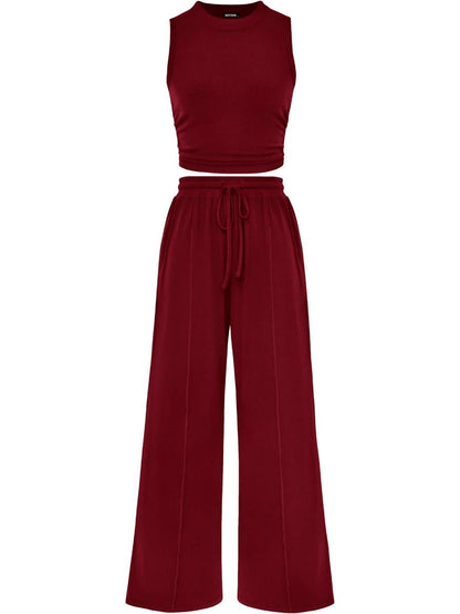 Limited time sale🔥Women Sleeveless Cropped Top Elastic Waist Wide Leg Pants 2 Piece Set