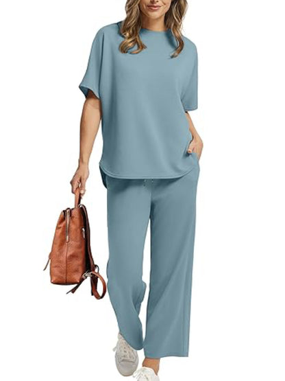 2026 Women Oversized Tshirt and Wide Leg Crop Pants 2 Piece Sets
