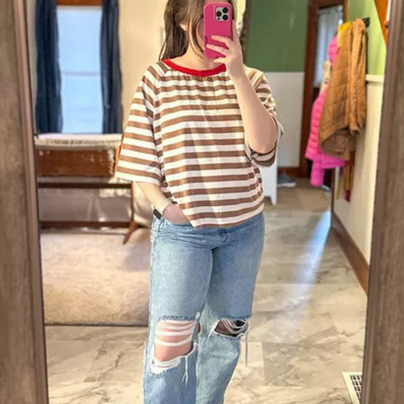 Women Summer Striped  Color Blocking T Shirts Tee
