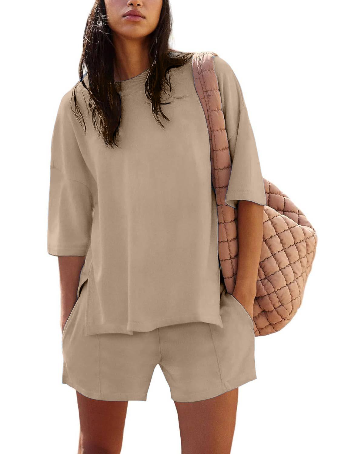 Women's Casual Solid Color Suit with Slit Top and Shorts