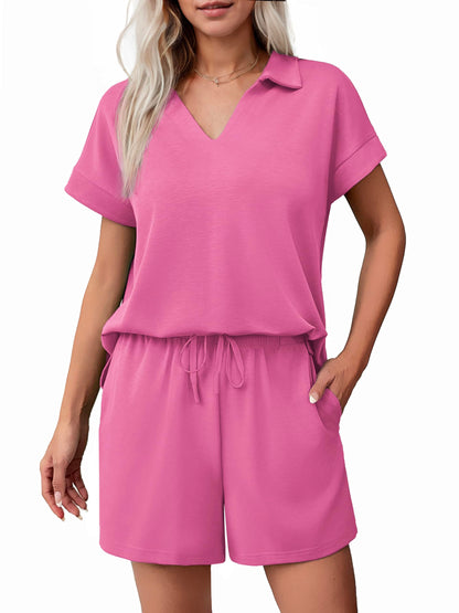 ✨Women Summer Lounge Sets Short Sleeve Sweatshirt V-neck Tops and Drawstring Shorts Outfits Tracksuit