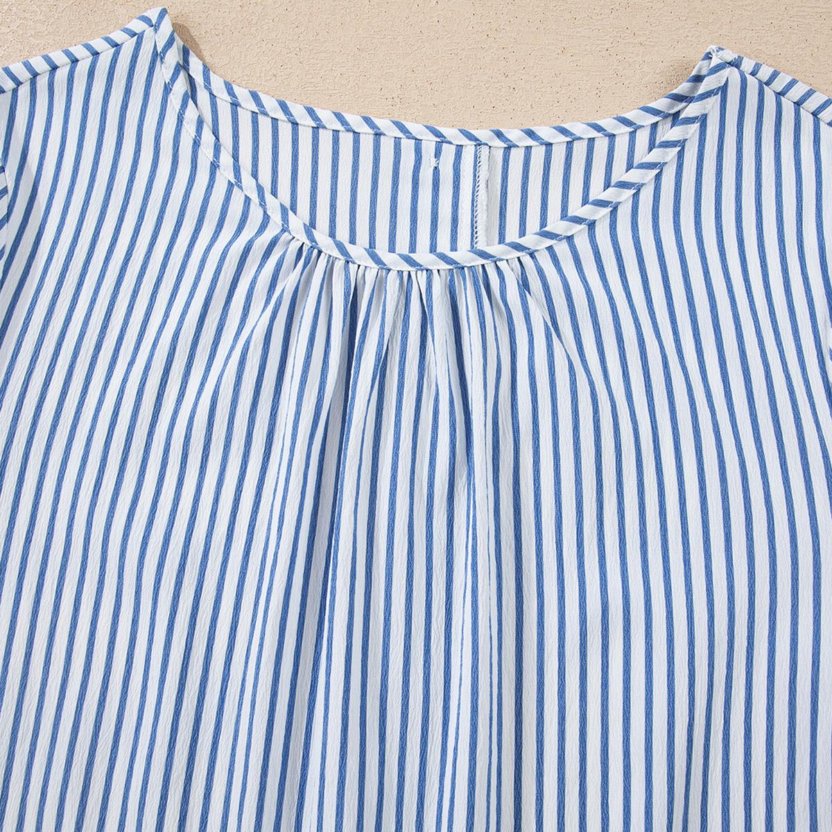 Women's Striped Round Neck Blouse with Ruffle Cuffs