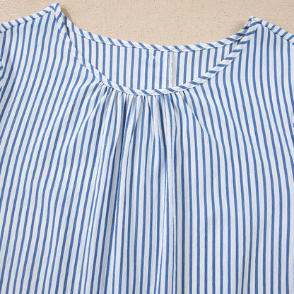 Women's Striped Round Neck Blouse with Ruffle Cuffs