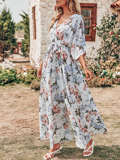 V Neck Floral Print Slit Long Dresses