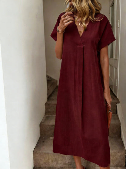 Women's Solid V-Neck Raglan Sleeve Loose Cotton Midi Dress