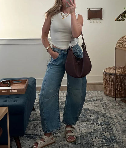 Hot Sale ✨High Stretch Mid-Rise Barrel Jeans Fashion Wide Leg Shape (BUY 2 Free Shipping)