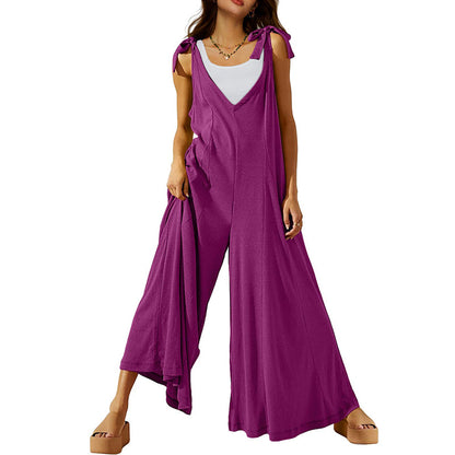 Women's Tie Strap Causal  Sleeveless Wide Leg Long Rompers