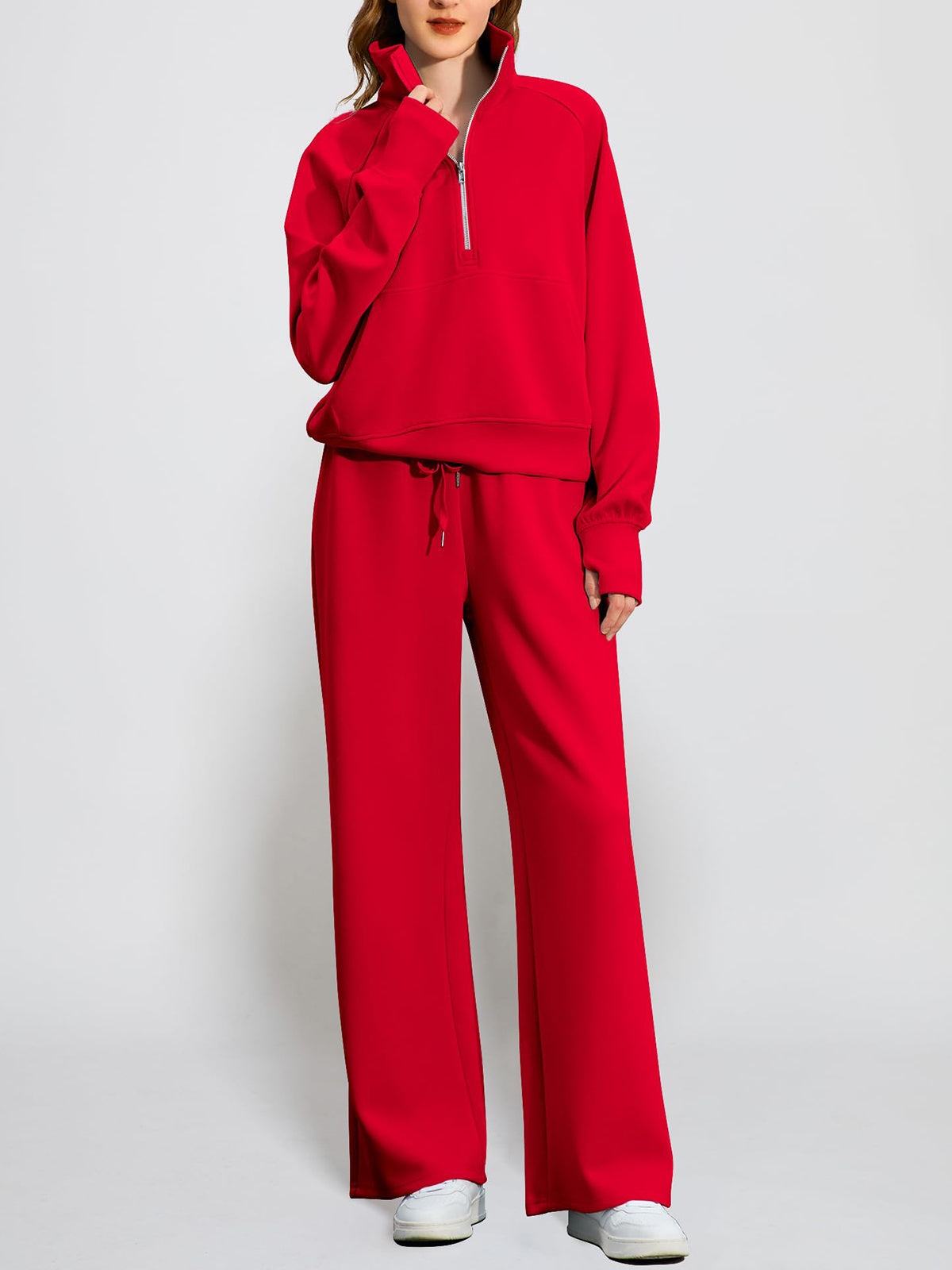 Women's Oversized Half Zip Wide Leg 2 Piece Outfits Lounge Set