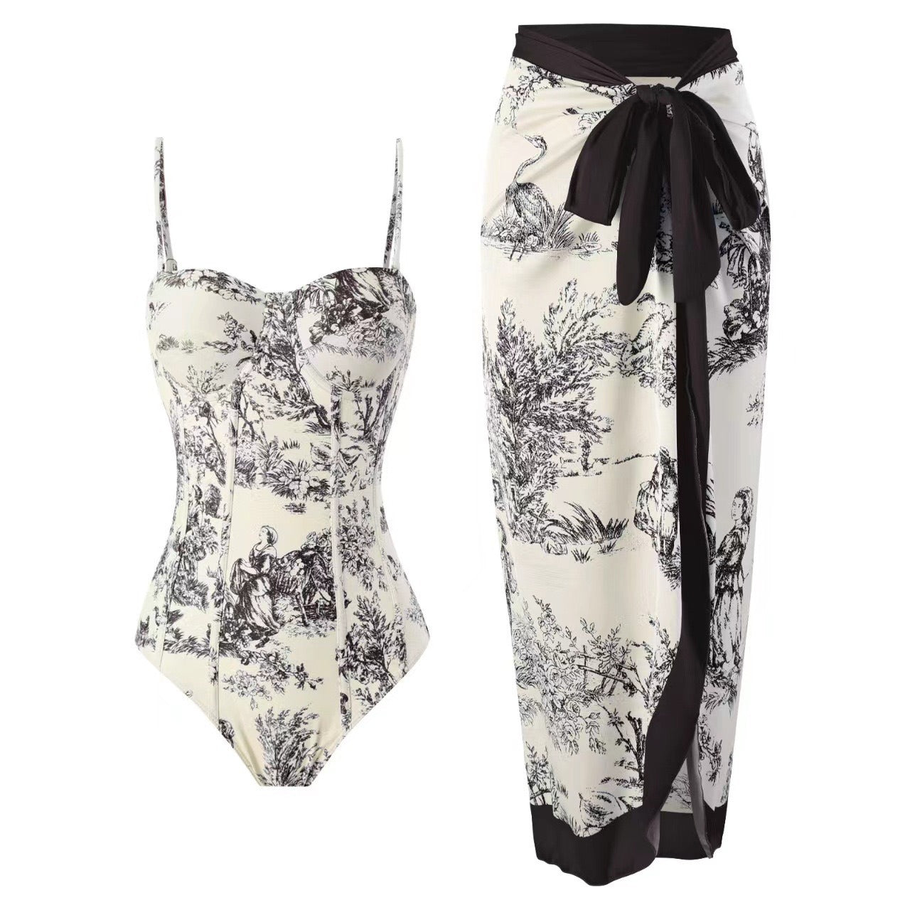 ✨Women Adjustable Shoulder Strip Plant Prints One Piece Swimsuit and Skirt/Sarong
