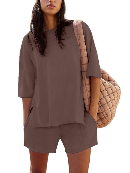 Women's Casual Solid Color Suit with Slit Top and Shorts