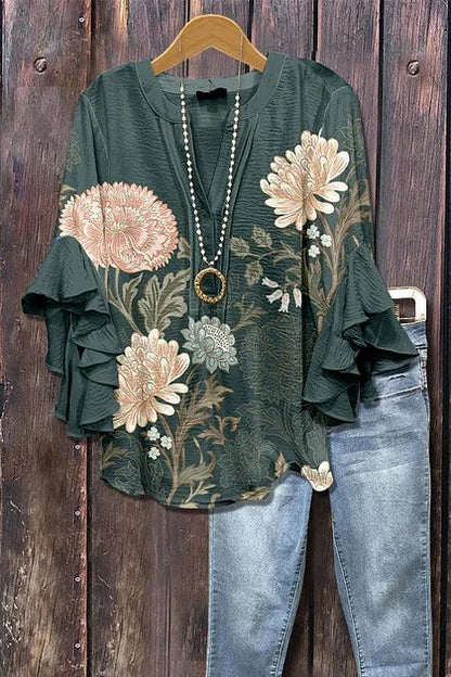 Women's Mixed Floral Print Ruffle Bell Sleeve Top