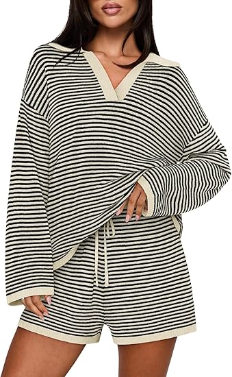 Casual Long Sleeve Striped Tops Shorts Matching Set