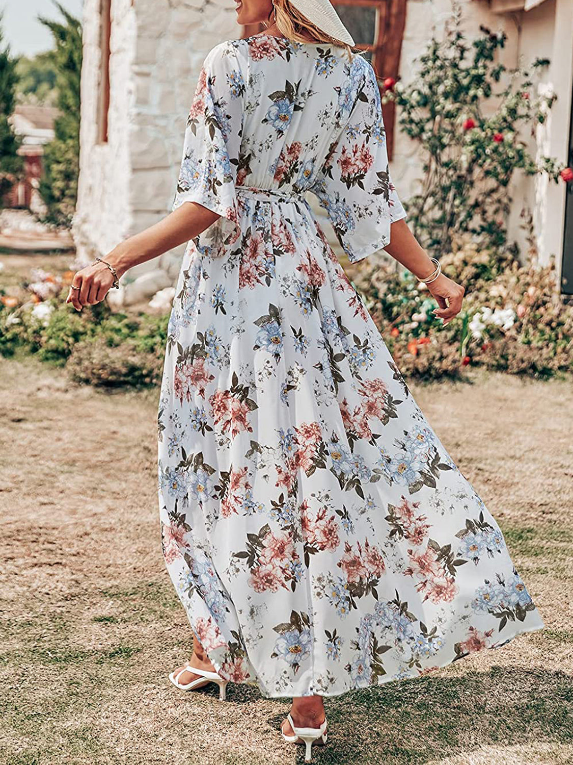 V Neck Floral Print Slit Long Dresses