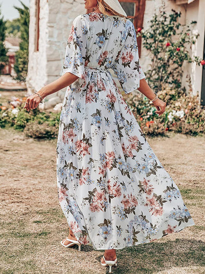 V Neck Floral Print Slit Long Dresses