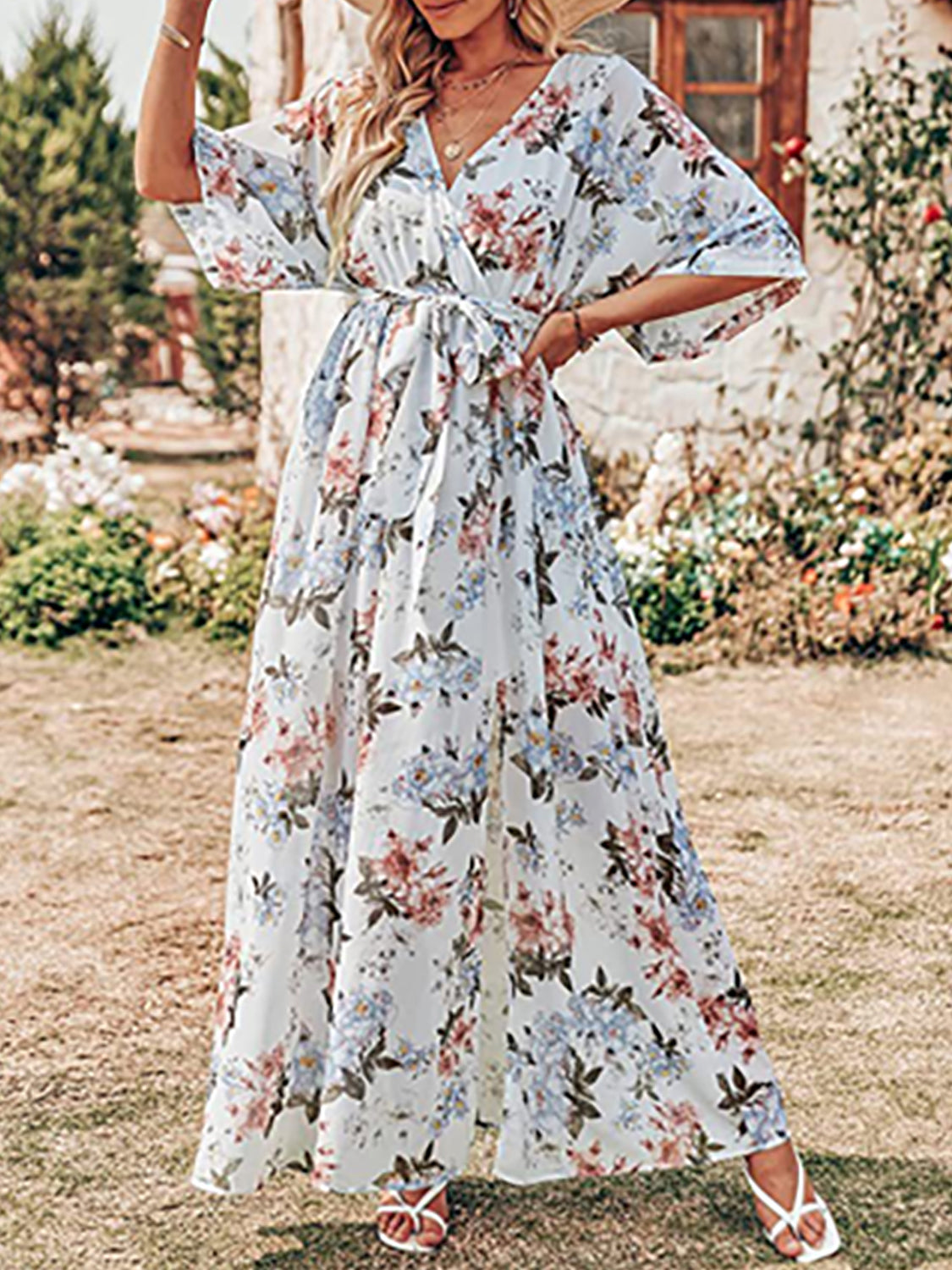 V Neck Floral Print Slit Long Dresses