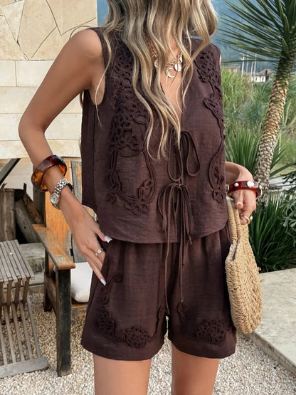 Women's V Neck Lace-Up Sleeveless Crop Top & Shorts Set