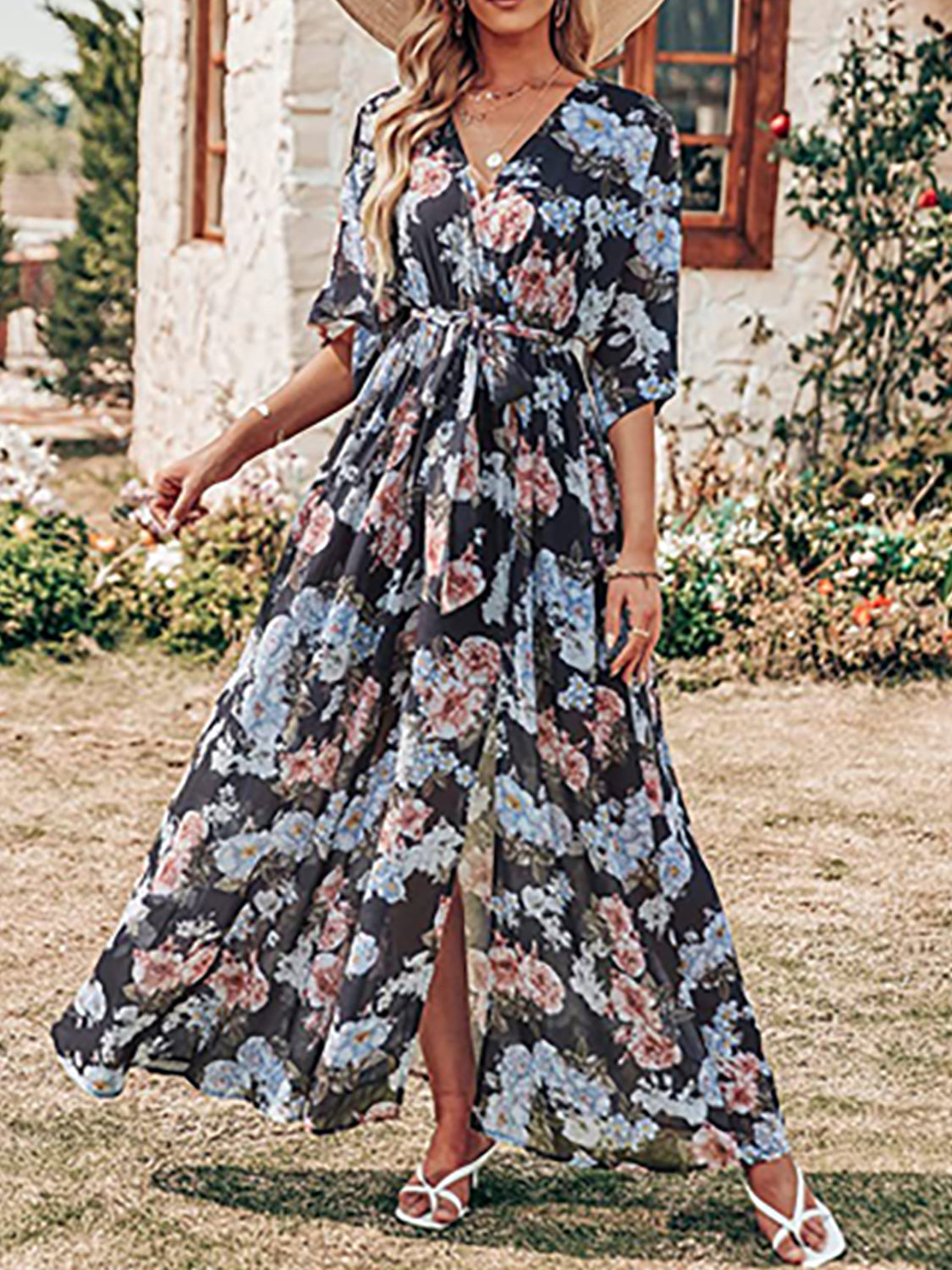 V Neck Floral Print Slit Long Dresses