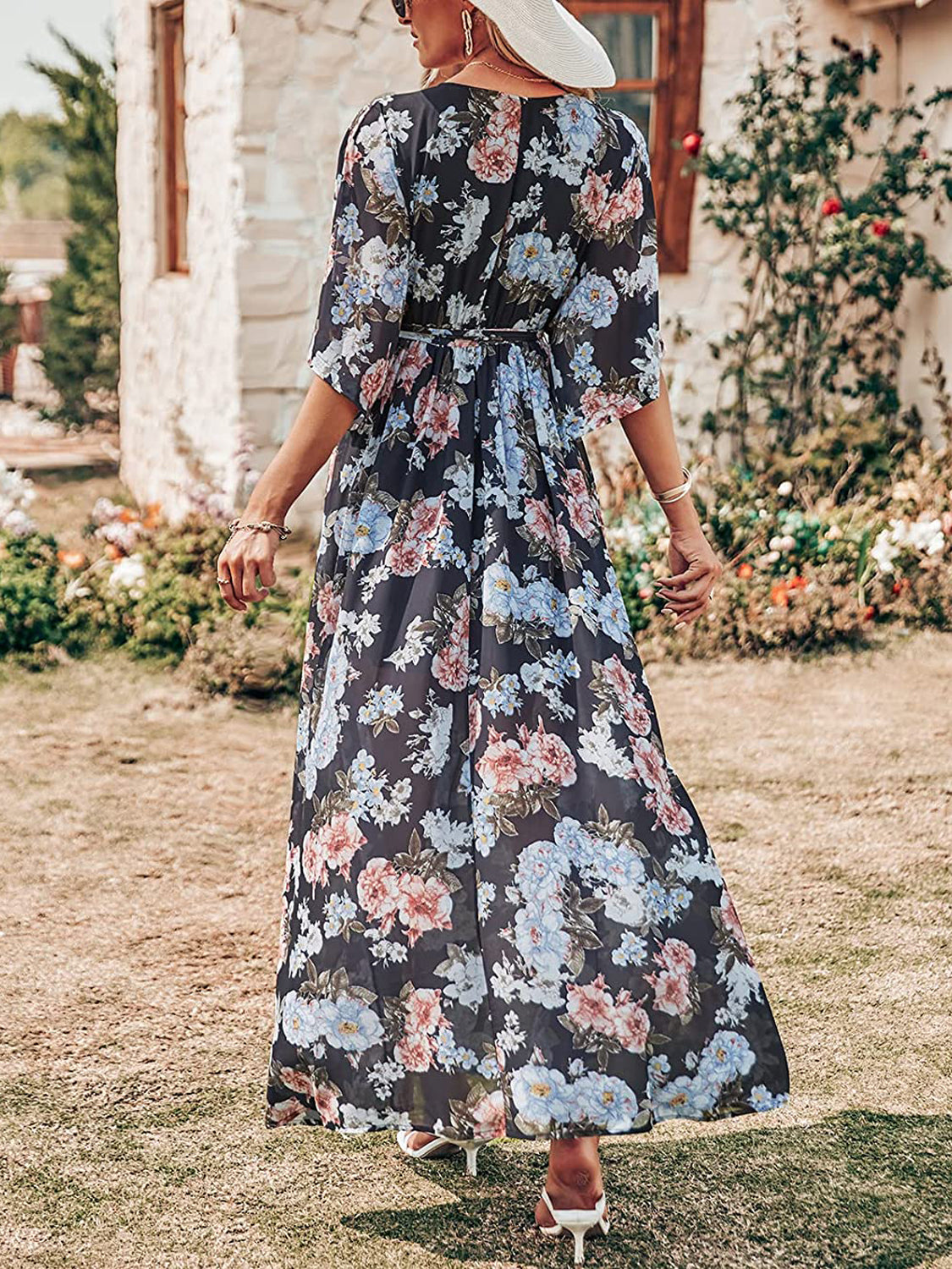 V Neck Floral Print Slit Long Dresses