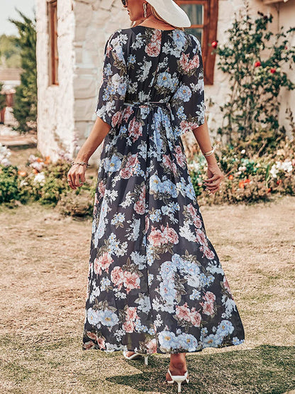 V Neck Floral Print Slit Long Dresses